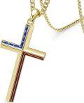 wholesale 925 Sterling Silver Plated Gold  American Flag Cross Pendant with 3MM Cuban Link Chain - USA Jewelry for Men Women (24+2 Extender)-0-1