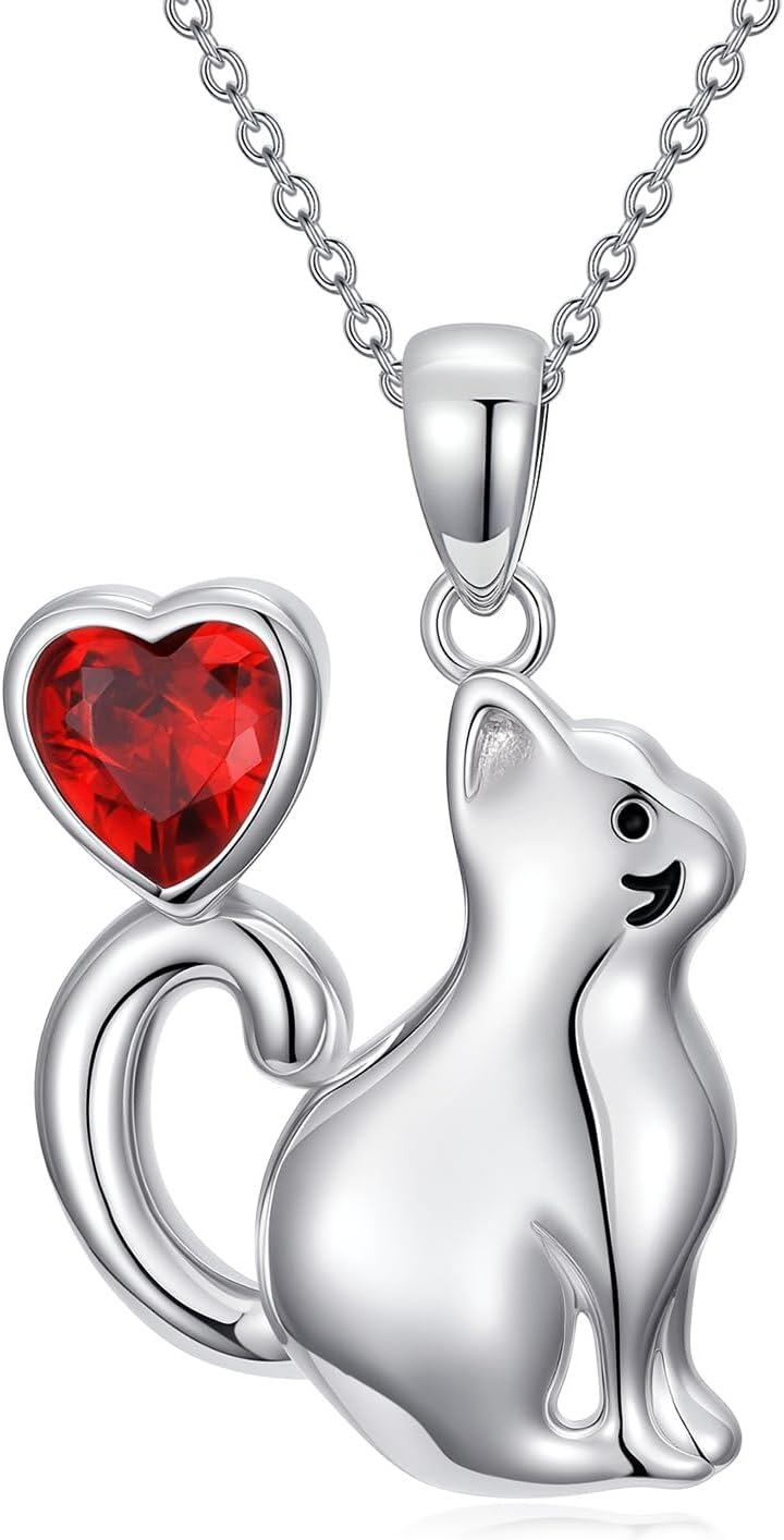 Sterling Silver Birthstone Cat Pendant Necklace for Women-January