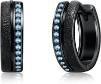 wholesale Sterling Silver 12 Month Birthstone Hoop Earrings for Men Gift for Father Husband-Black Hoops001-03-Mar Aquamarine