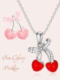 wholesale 925 Sterling Silver Cherry Red Enamel Bow Fruit Charm Pendant Necklace for Women Gifts-0-5