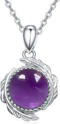 wholesale 925 Sterling Silver Purple Amethyst Round Pendant with Leaf Design Chain Necklace for Women-0-0