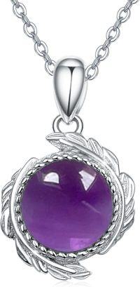 wholesale 925 Sterling Silver Purple Amethyst Round Pendant with Leaf Design Chain Necklace for Women-Amethyst