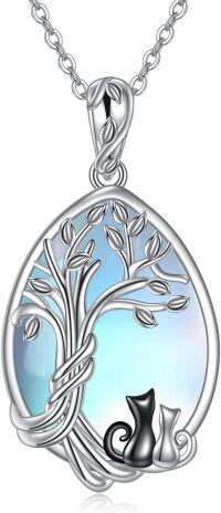wholesale 925 Sterling Silver Blue Moonstone Tree of Life Pendant with Black Cats Necklace for Women-A-Two Black Cat Moonstone Necklace