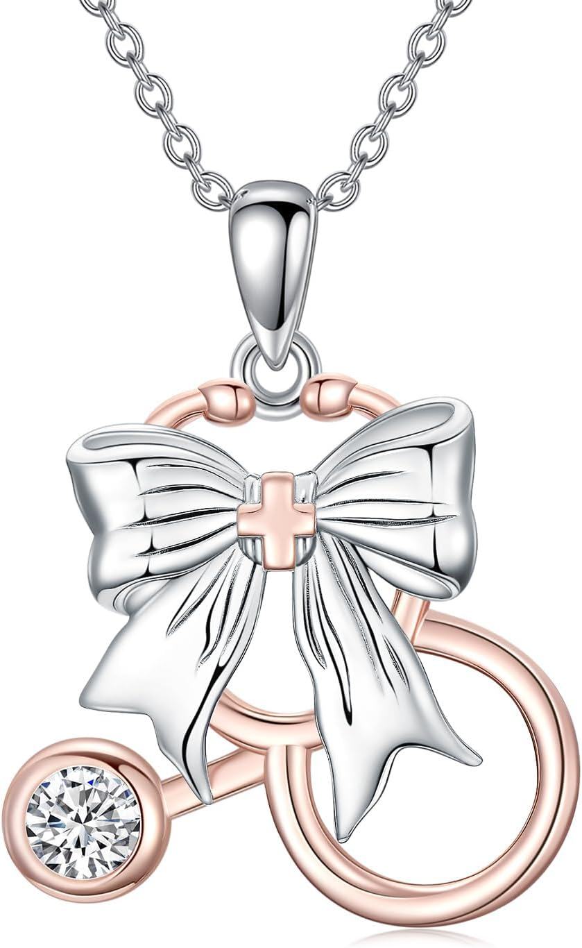 Sterling Silver Stethoscope Necklace w Angel Wings Cross Caduceus-Bow Stethoscope