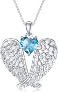 wholesale 925 Sterling Silver Birthstone Angel Wings Pendant Necklace for Women Christmas Gift-12-Dec-Blue Topaz