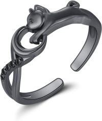 wholesale Black 925 Sterling Silver Cat Adjustable Ring with Cubic Zirconia Stones for Women-Black-Cat moon