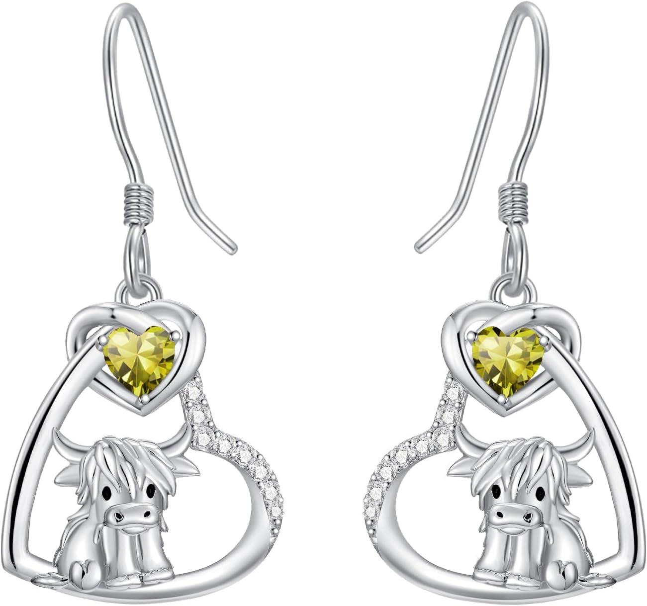 Sterling Silver Birthstone Highland Cow Dangle Earrings Scotland Western Gift-08-Aug-Peridot