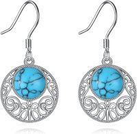 wholesale 925 Sterling Silver Bohemian Round Drop Earrings with Blue Turquoise Stone and Filigree Design-Turquoise Boho Earrings