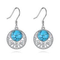 wholesale 925 Sterling Silver Bohemian Round Drop Earrings with Blue Turquoise Stone and Filigree Design-Turquoise Boho Earrings