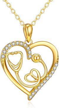 wholesale 14K Gold Heart Shaped Nurse's Caduceus Necklace with Cubic Zirconia Stones for Women-01-Stethoscope Pendant Necklace