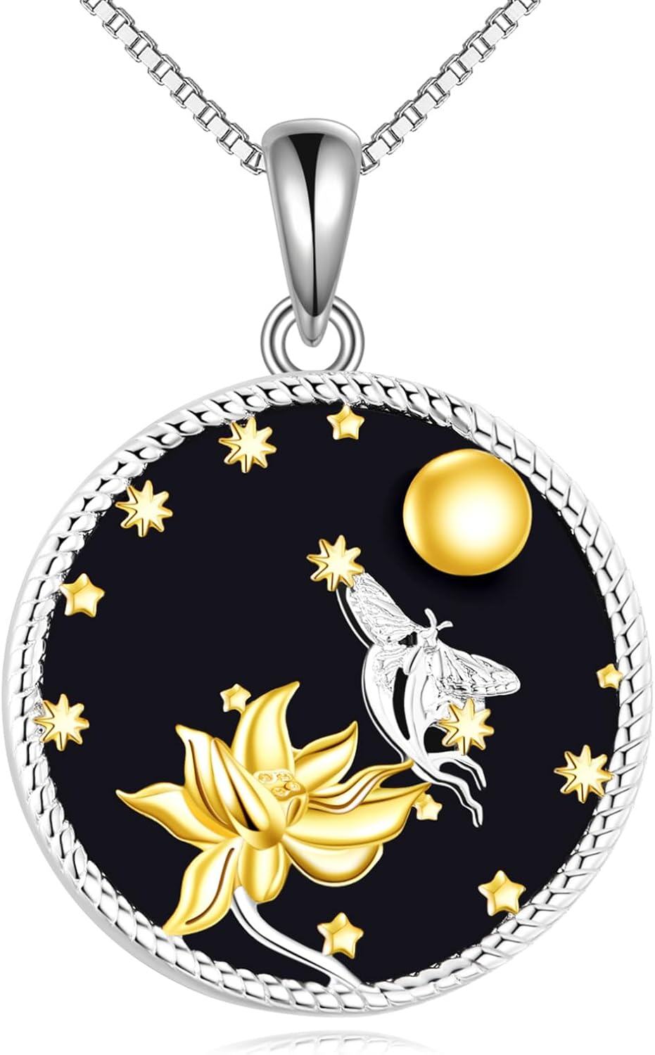 wholesale 925 Sterling Silver Round Fairy and Lotus Flower Chakra Necklace with Gold Stars Pendant-0-0