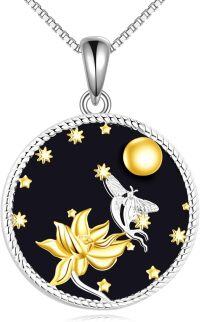 wholesale 925 Sterling Silver Round Fairy and Lotus Flower Chakra Necklace with Gold Stars Pendant-Lotus Moth
