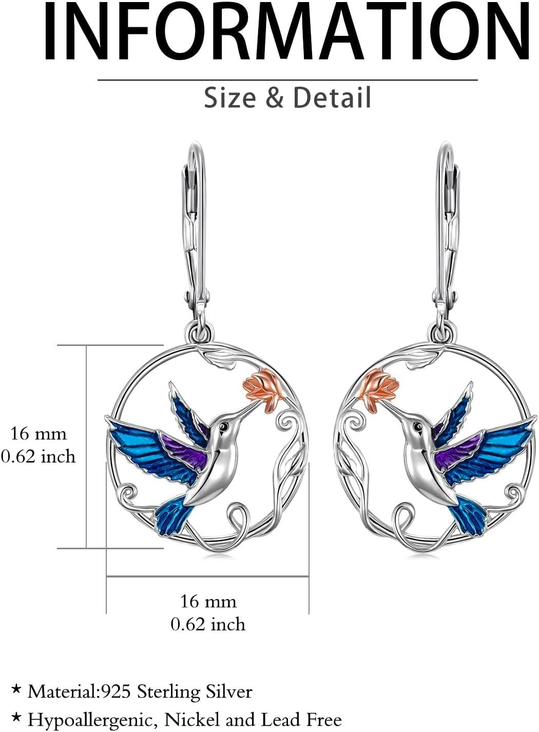 925 Sterling Silver Enamel Hummingbird Leverback Drop Dangle Earrings Gift-0-4