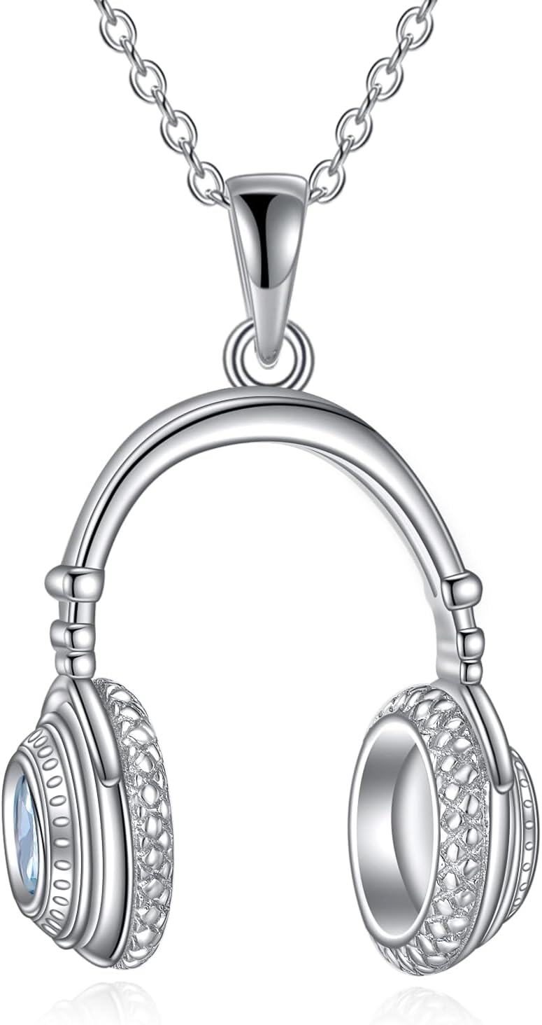  Sterling Silver Music Necklace w Earphone Guitar Pick Note Pendant Anniversary Birthday Gifts -0-0