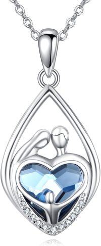wholesale 925 Sterling Silver Heart-Shaped Pendant with Blue Crystal and Dancing Figures - Romantic Family Love Necklace Gift for Her-Family Pendant Necklace