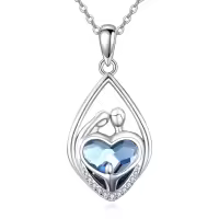 wholesale 925 Sterling Silver Heart-Shaped Pendant with Blue Crystal and Dancing Figures - Romantic Family Love Necklace Gift for Her-Family Pendant Necklace