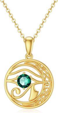 wholesale 14K Solid Gold (58.5%) Nickel-Free Pendant with Simulated Emerald - Eye of Horus & Celtic Knot Necklace - Adjustable 16-18 Chain - Gift for Her-Yellow Gold