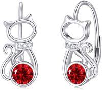 wholesale 925 Sterling Silver Birthstone Kitten Leverback Cat Earrings for Women-Red