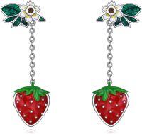 wholesale 925 Sterling Silver CZ Flower & Strawberry Dangle Leverback Earrings-Strawberry