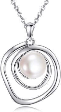 wholesale 925 Sterling Silver Circle Pendant with Pearl and Chain for Women-White Pearl