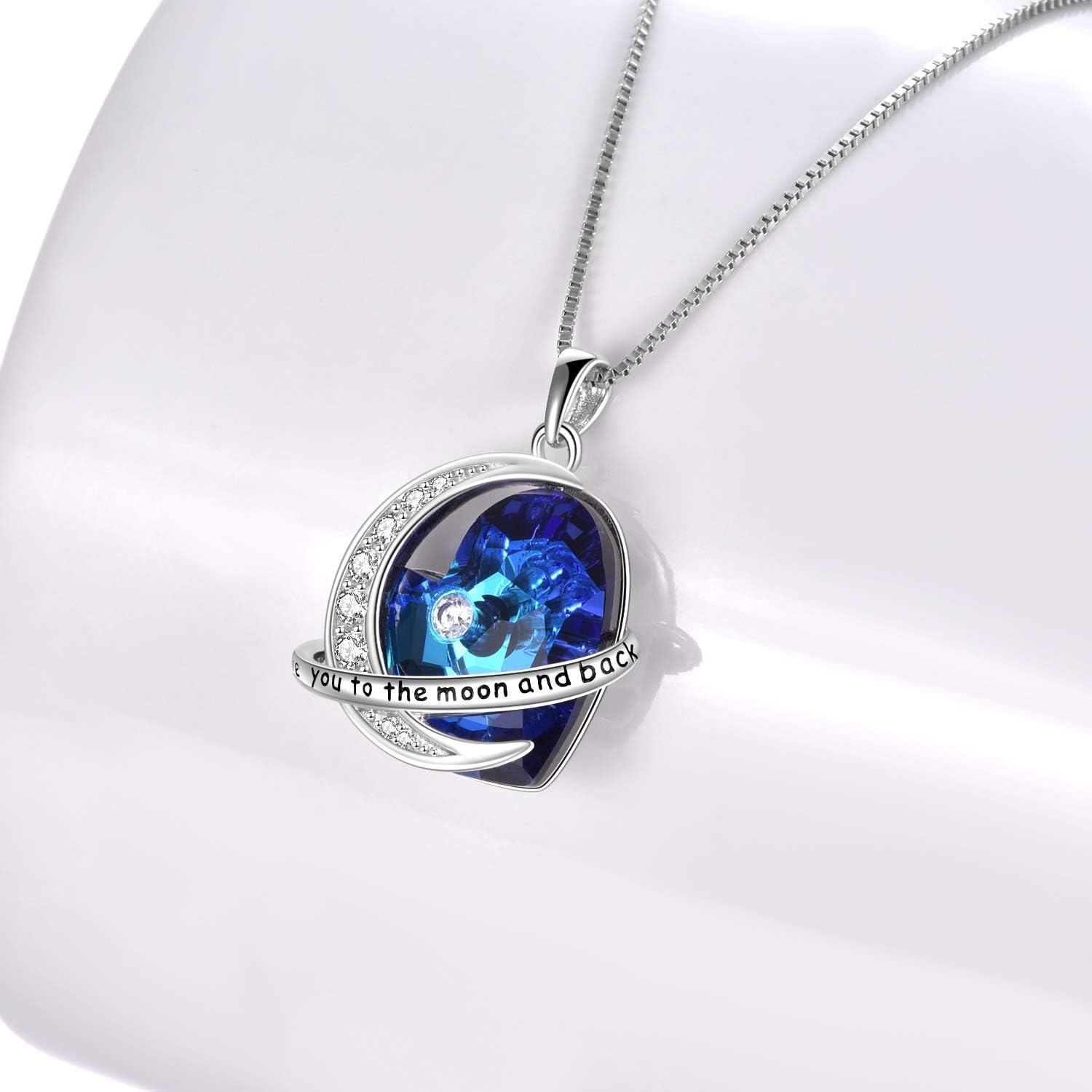 Sterling Silver Blue Crystal Heart Pendant Necklace for Wife Girlfriend-0-3
