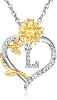 wholesale Gold Plated Sterling Silver Sunflower Letter Heart Pendant Necklace for Women-Letter L
