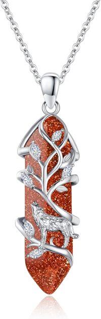 wholesale 925 Sterling Silver Goldstone Tree of Life Wolf Pendant Necklace-Crystal Wolf Red