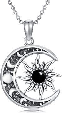 wholesale 925 Sterling Silver Sun and Moon Pendant with Turquoise Lapis Lazuli & Black Onyx Necklaces for Women s 48 Chain Length-Onyx