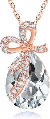 wholesale 925 Sterling Silver Crystal Bow Teardrop Birthstone Pendant Necklace-04-Apr-Rhinestone