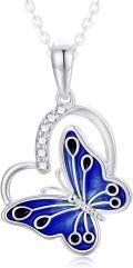 wholesale 14K White Gold Natural Diamond & Blue Butterfly Dainty Heart Pendant Necklace for Women, Nickel-Free, 16 1.8g, Gift for Her-0-0