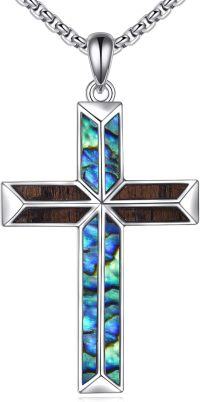 wholesale 925 Sterling Silver Cross Wooden Abalone Shell Inlay Pendant Necklace-Cross Wooden & Abalone Shell