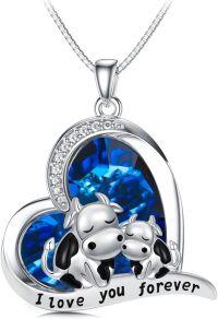 wholesale 925 Sterling Silver Heart-Shaped Mother and Baby Cows Blue Crystal Pendant Necklace for Women Girls Mothers Day Gifts-Crystal Heart Two Cow