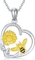 wholesale 925 Sterling Silver Sunflower & Honeybee Heart Pendant Necklace for Women Girls -0-0