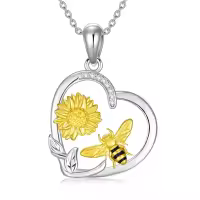 wholesale 925 Sterling Silver Sunflower & Honeybee Heart Pendant Necklace for Women Girls -Bee and Sunflower Necklace