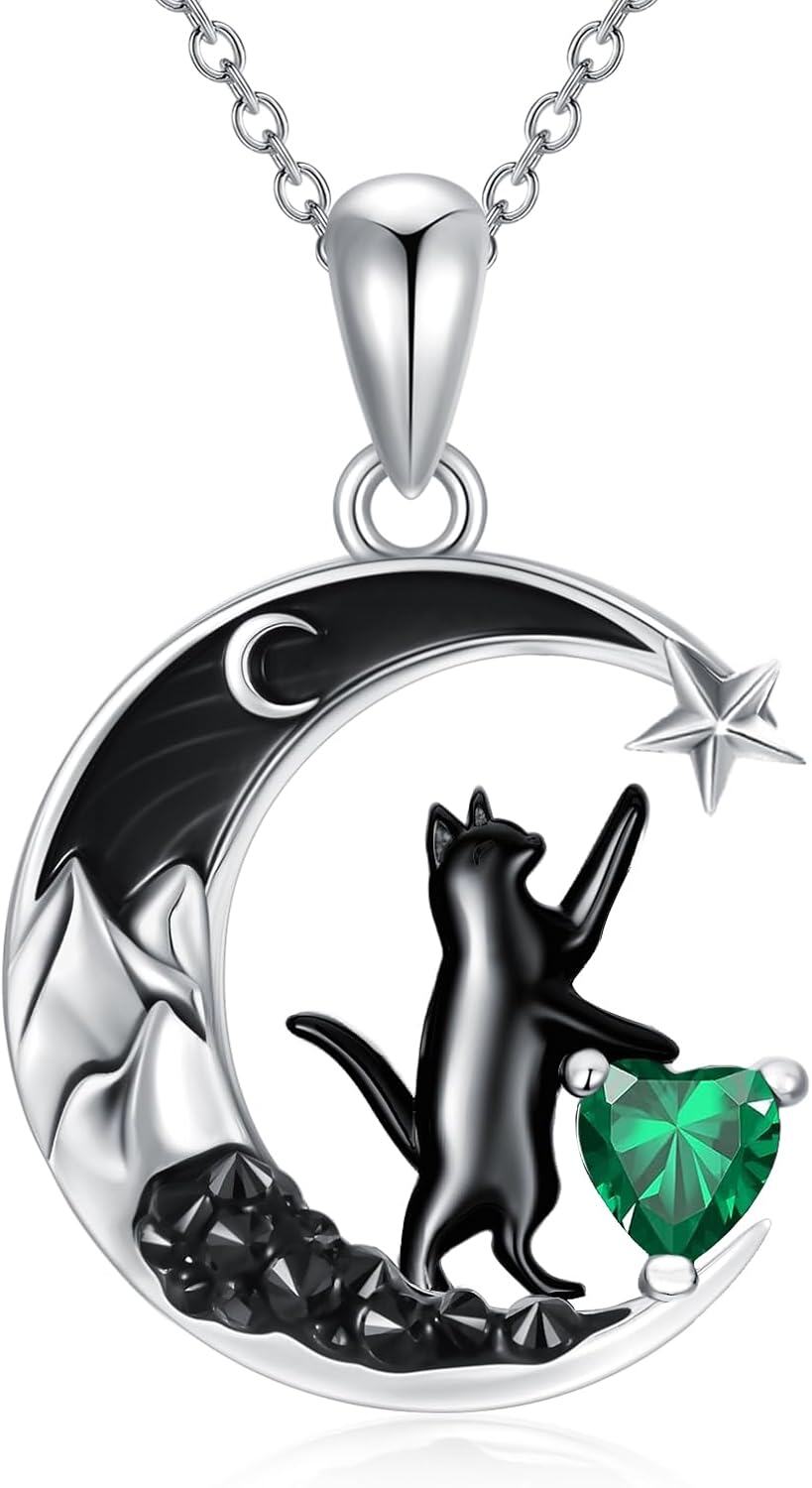 Sterling Silver Black Cat Necklace with Heart Birthstone Crescent Moon Star Pendant Gothic Jewelry Gift for Women Wife Cat Lover-05-May-Emerald