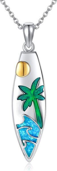 wholesale 925 Sterling Silver Palm Tree and Blue Opal Wave Pendant Necklace for Women Girls-Surfing Necklace