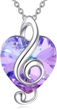 wholesale 925 Sterling Silver Purple Heart Crystal Treble Clef Pendant Necklace for Women-Music Note
