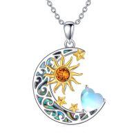 wholesale 925 Sterling Silver Crescent Moon Pendant Necklace Wholesale With Heart And Sun Design-Sun Moon Star-Jun.Moonstone