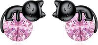 wholesale 925 Sterling Silver Black Cat Stud Earrings with Birthstone-B-October Birthstone Stud