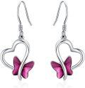 wholesale 925 Sterling Silver Pink Crystal Butterfly Heart Drop Earrings-0-0