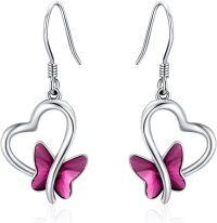 wholesale 925 Sterling Silver Pink Crystal Butterfly Heart Drop Earrings-Purple