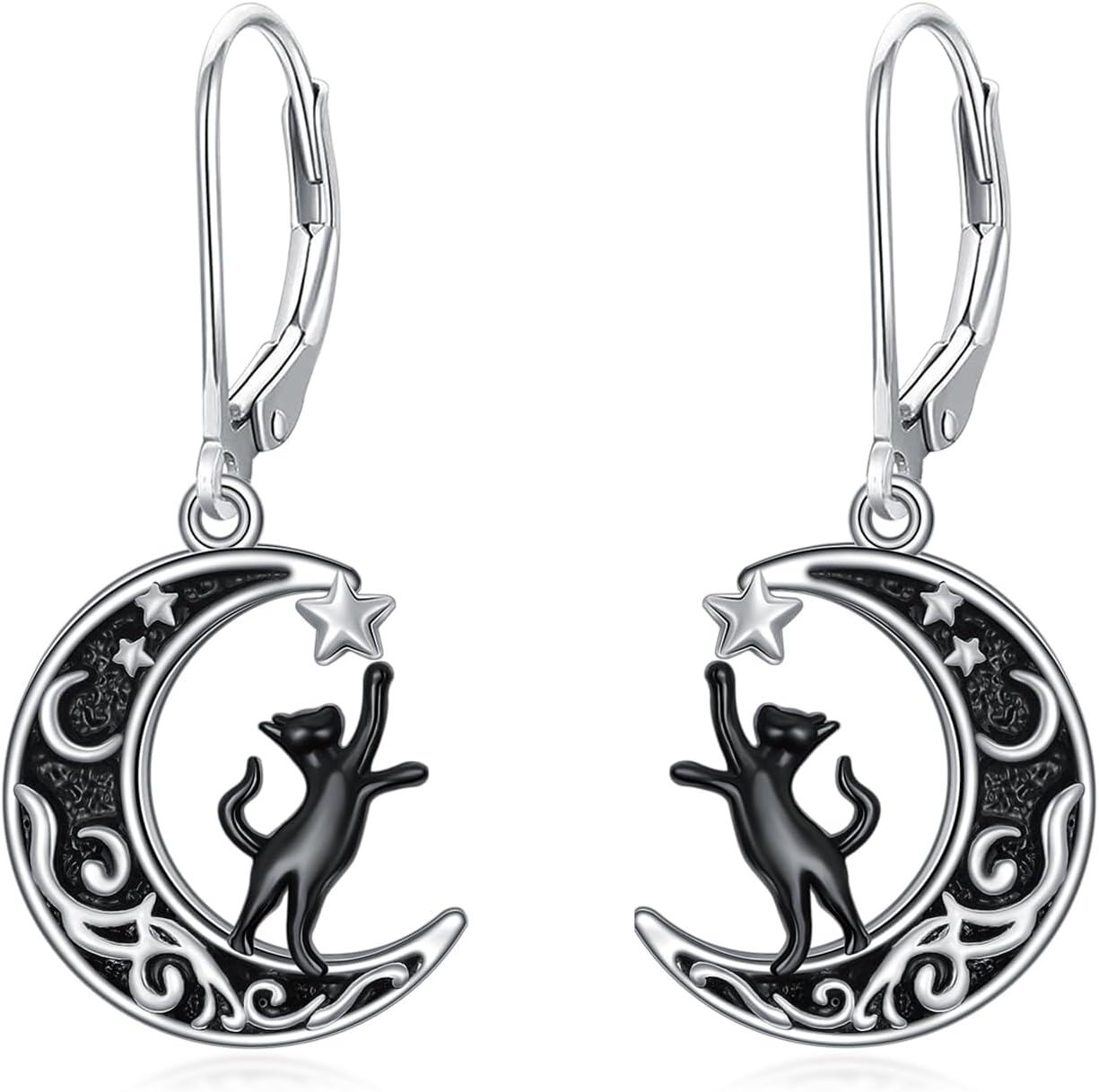 Sterling Silver Snowflake Daisies Sunflower Comedy Tragedy Mask Opera Mask Hummingbird Black Cat Dangle Earrings for Women-Black Cat