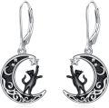wholesale 925 Sterling Silver Moon & Star Black Cat Drop Earrings-0-0