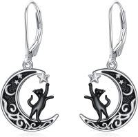 wholesale 925 Sterling Silver Moon & Star Black Cat Drop Earrings-Black Cat