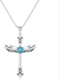 wholesale 925 Sterling Silver Winged Turquoise Cross Pendant Necklace for Women-E