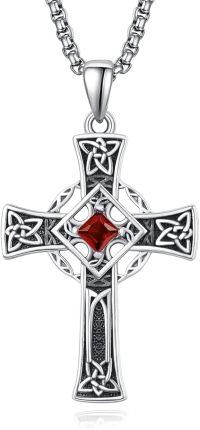 wholesale Sterling Silver Garnet Celtic Cross Necklace for Men 22 +2 Chain-Silver-July