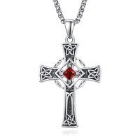 wholesale 925 Sterling Silver Garnet Celtic Cross Necklace for Men 22 +2 Chain-Silver-July
