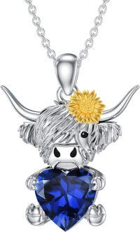 wholesale Metal Stone Highland Cow Pendant Necklace w Heart Birthstone Women s Gift-September