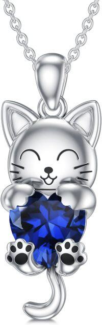 wholesale 925 Sterling Silver Birthstone Cat Pendant Necklace for Women-September(Created Sapphire)