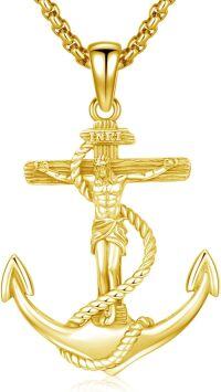wholesale 925 Sterling Silver Plated Gold Crucifix Anchor Cross Jesus Christ Religious Jewelry Men Women Gift 24 Chain Necklace Pendant Charm Amulet -C-Crucifix Cross-Anchor-Gold
